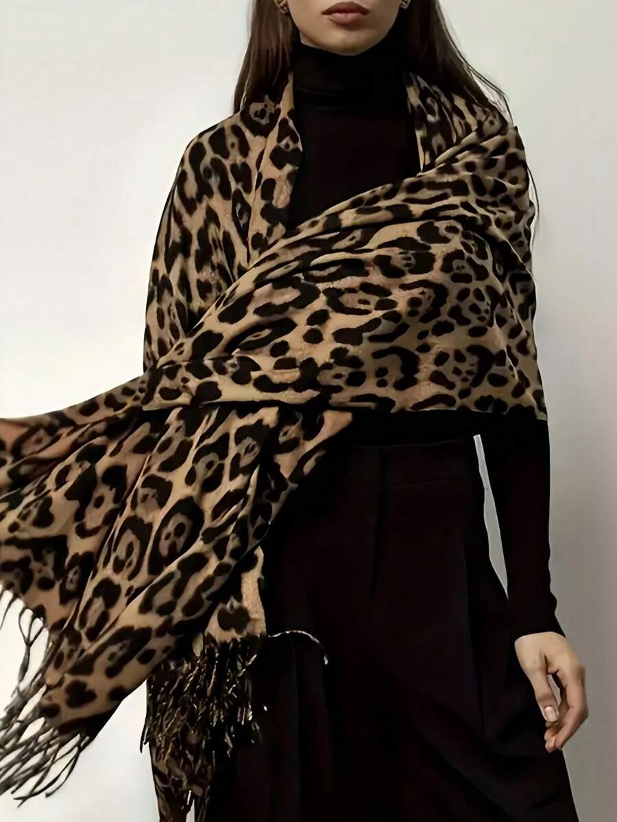 1 chiếc khăn choàng nữ họa tiết da báo có tua rua, phong cách Âu Mỹ, chất liệu giả cashmere pha, phù hợp cho mùa thu đông, dùng phối đồ, đi biển, du lịch - rỉ sét - Xem 1