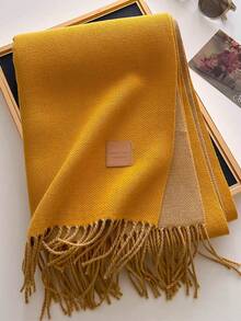 1pc Solid Color Faux Leather Label Tasseled Thick Scarf 65*190cm, Polyester Wool Blend, Fall Winter Shawl For Travel Party Outing, Wear As Scarf Shawl - Multicolor - View 15