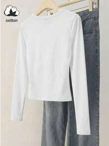 Women's Fitted Long Sleeve T-Shirt, Pure Cotton Material, Fashionable & Minimalist - White - View 9