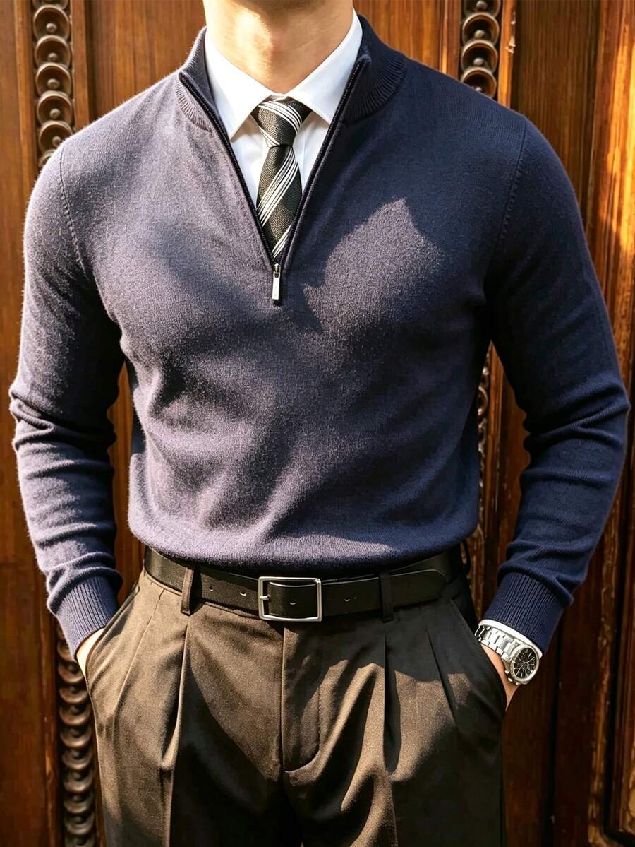 Old Money Style Men's Fashion Versatile Half-Zip Pullover Sweater - Navy Blue - View 1
