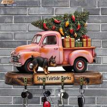 Halloween 1pc Rustic Farmhouse Christmas Truck & German Shepherd Key Holder, Vintage Pink Truck With Green Trees And Red Decorative Balls, Wooden Wall-Mounted Key Rack, Entryway Organizer, Fathers Day Gift Dog Lover, Christmas In July - Multicolor - View 1