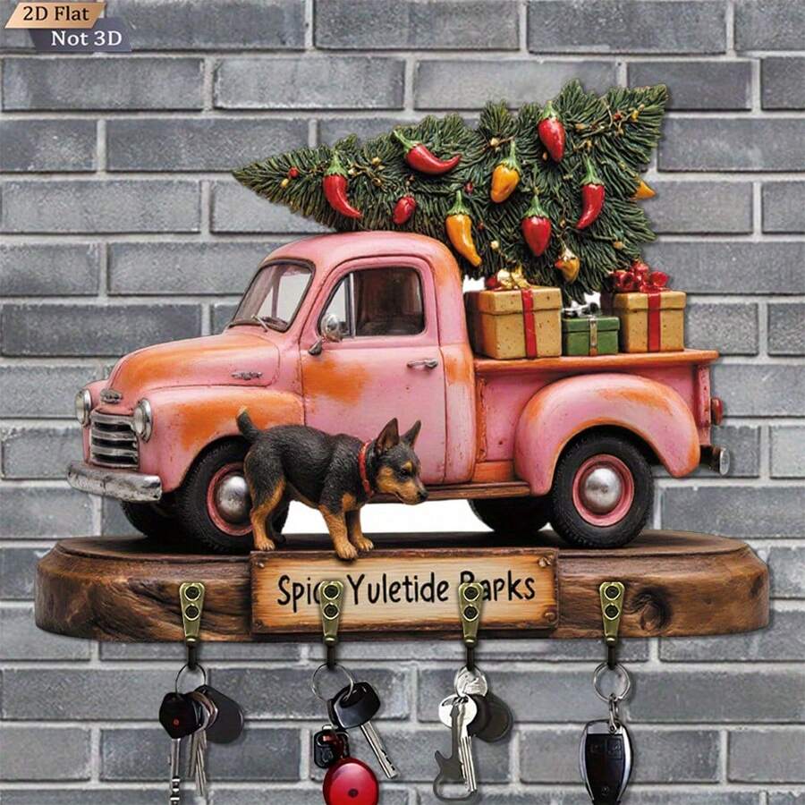 Halloween 1pc Rustic Farmhouse Christmas Truck & German Shepherd Key Holder, Vintage Pink Truck With Green Trees And Red Decorative Balls, Wooden Wall-Mounted Key Rack, Entryway Organizer, Fathers Day Gift Dog Lover, Christmas In July - Multicolor - View 1