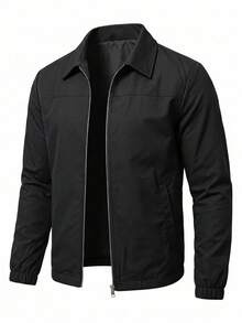 Men's Pure Black Lapel Zipper Jacket, Minimalist Style Elastic Cuff Casual Outerwear, Suitable For Spring And Autumn Daily Wear - Black - View 4