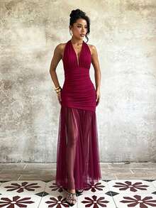 1pc Solid Color Elegant Knitted Fabric Dress For Wedding Autumn - Hot Pink - View 2