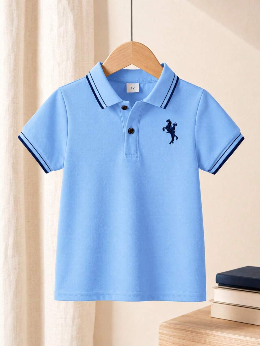 Young Boy Contrast Trim Short Sleeve Polo Shirt - Blue - View 1