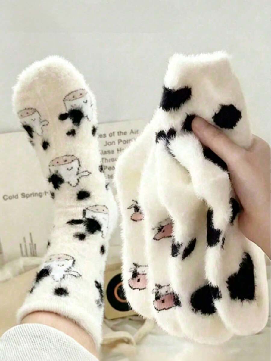 1/3/6 Pairs Cute Cow Socks, Polka Dot Socks, Dinosaur Socks, Printed Fleece Mid-Calf Socks, Women's Mid-Calf Socks, Halloween Gift - Multicolor - View 1