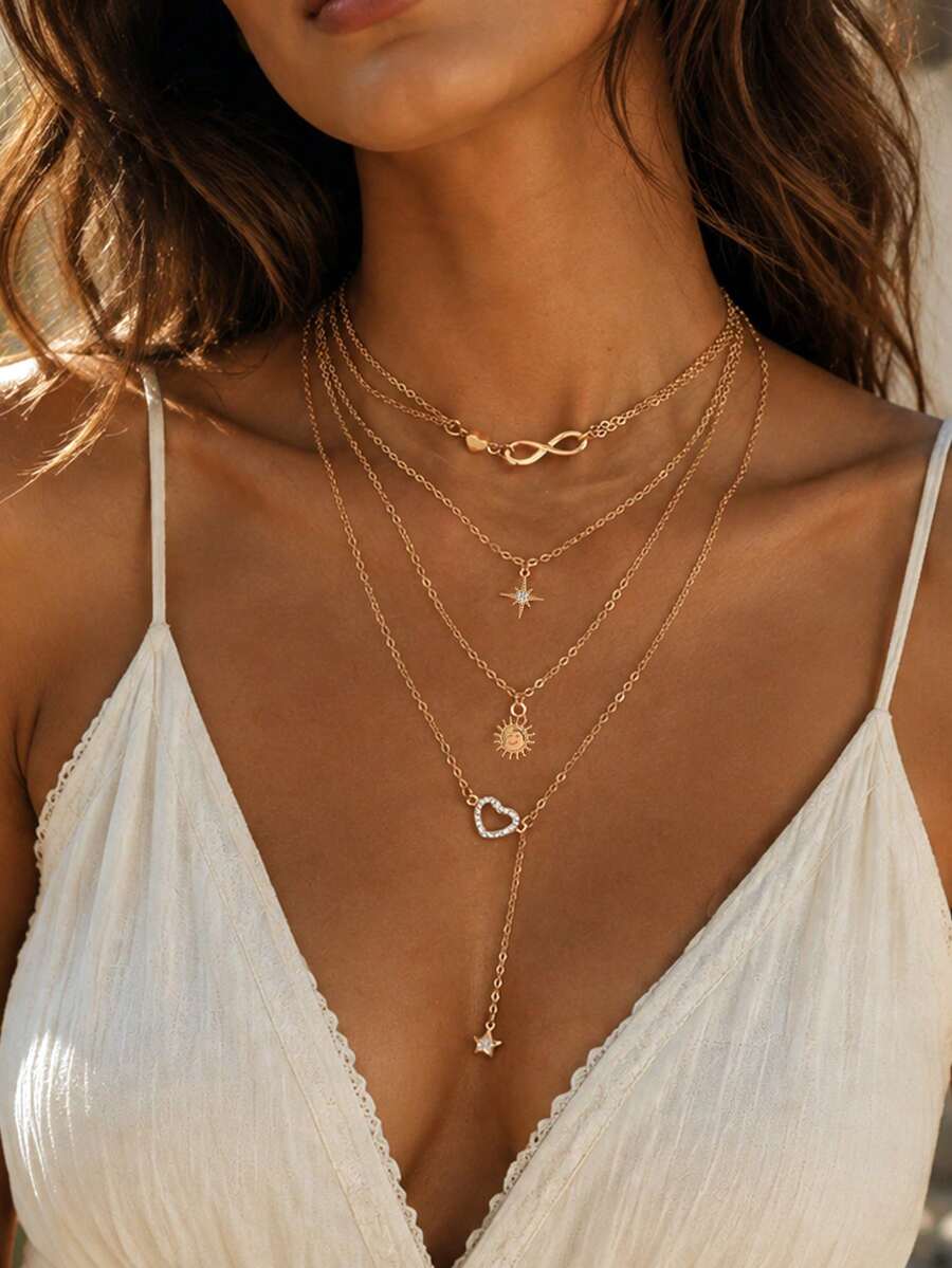 Bộ 4 dây chuyền nữ cao cấp tinh xảo màu vàng, trang trí hình trái tim, biểu tượng vô cực và mặt trời, dáng chữ Y, thiết kế nhiều lớp, phù hợp đeo hàng ngày, hẹn hò và du lịch - Nhiều màu - Xem 1