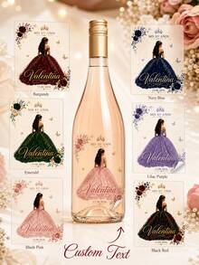 2/4/8pcs Customized Wine Bottle Label Stickers, Personalized Name & Date, Princess Dress Floral Butterfly Pattern, Sweet 15 15th Birthday Party Favor Table Decor - Multicolor - View 2