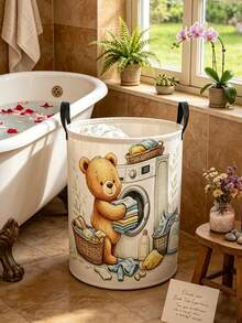 Multi-Functional Large Laundry Basket/Dirty Clothes Basket, Laundry Hampers Bags, Cute Laundry Bear Pattern - Foldable Circular Clothes Basket, Foldable Clothes Rack And Wooden Clothes Clips, Bedroom, Bathroom Storage Box, Wardrobe Organizer - Space-Saving Laundry Organizer, Laundry Storage And Organization, Suitable For Home And Travel, Applicable To Multiple Living Spaces, Casual Style Clothes Storage Box, Space-Saving Design - Multicolor - View 2