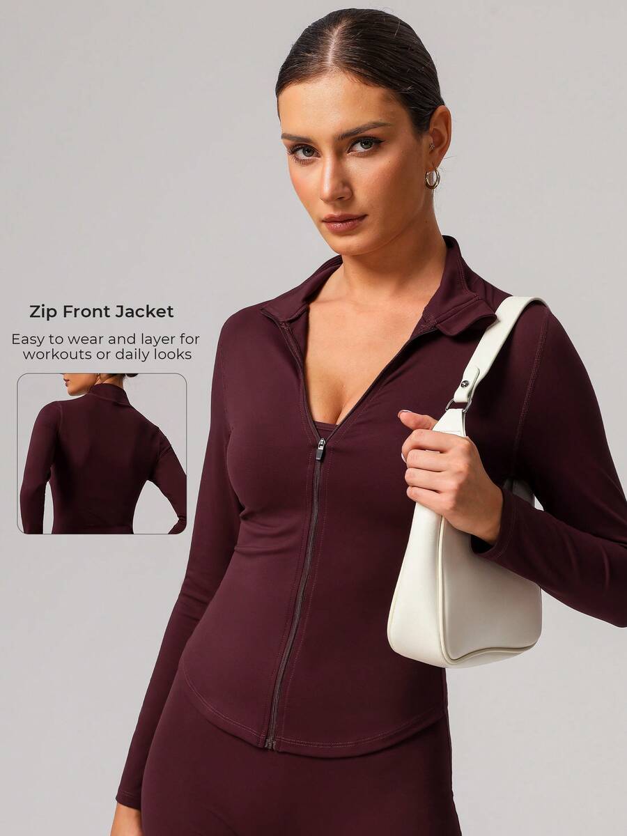 Women's Stand Collar Zipper Round Hem Slim Fit Sports Jacket - Red - View 1