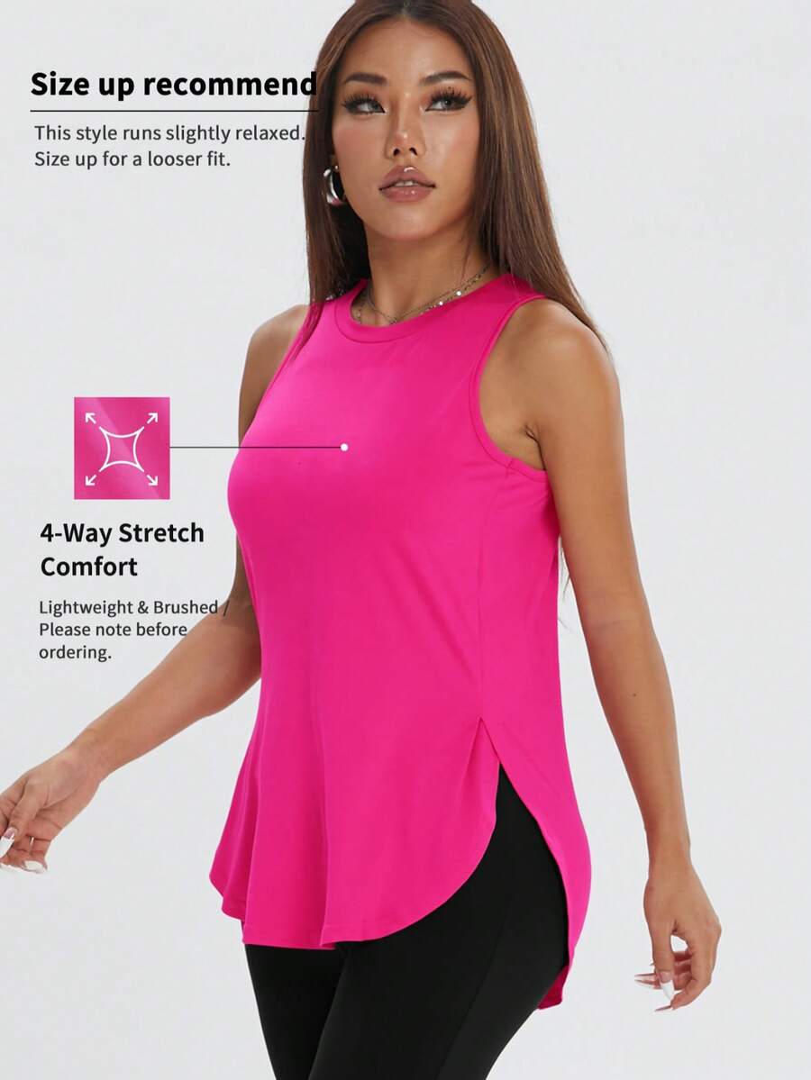 1pc Women's Casual Loose Sleeveless Side Slit Solid Color Pullover Sports Top For Outdoor Exercise, Spring/Summer - Hot Pink - View 1