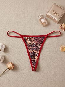 Set Lingerie Tidur Seksi Wanita, Gaun Motif Macan Tutul dengan Trim Renda & Desain Pita, Set Daster Pendek Belahan Samping - Merah - View 6