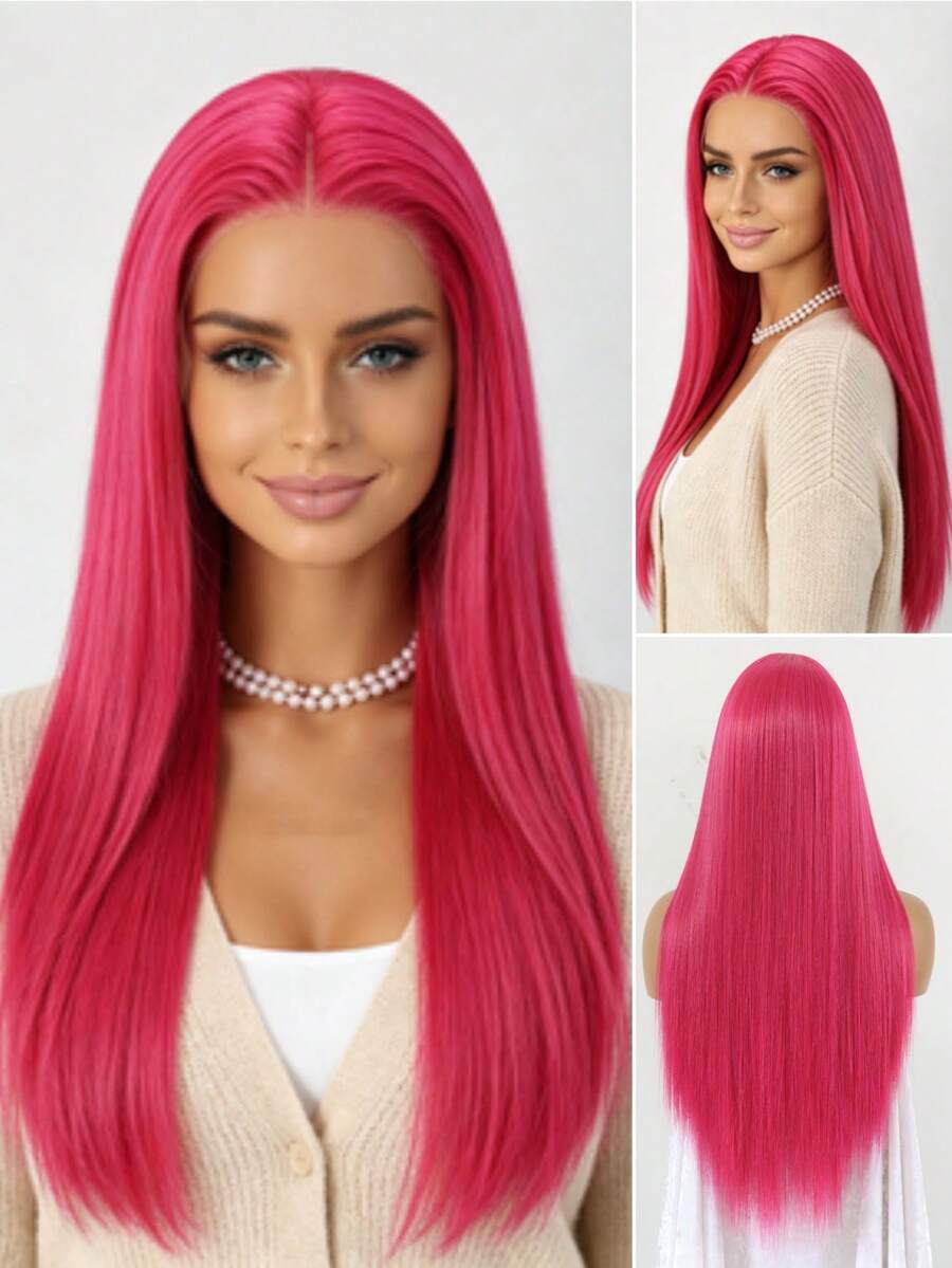 SALLYWELL 13x4 Lace Front Wig For Women, Shiny Pink Straight Synthetic Hair, 24 Inch Pre-Plucked Natural Hairline Breathable Wig Cap, Suitable For Party, Cosplay And Daily Wear - Hot Pink - View 1