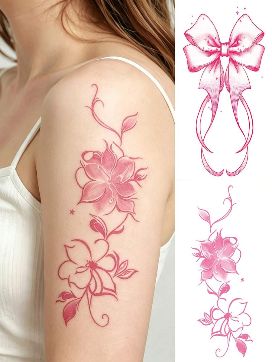 2Pcs Sweet Style Temporary Tattoo Stickers, Pink Bow Stars And Floral Vine Design, Waterproof Long‑Lasting Fake Body Tattoos For Women - Multicolor - View 1