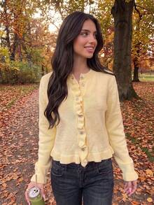 Autumn New Women's Korean Sweet Style Ruffle Trim Yellow Long Sleeve Knit Cardigan, Cute Casual Daily Sweater Jacket For Back To School And Commuting - Yellow - View 5