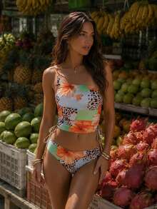 New Summer Fashion Women's Leopard Print One-Shoulder High-Waist Bikini Set, Halter Neckline Suitable For Beach Vacation Party - Multicolor - View 3