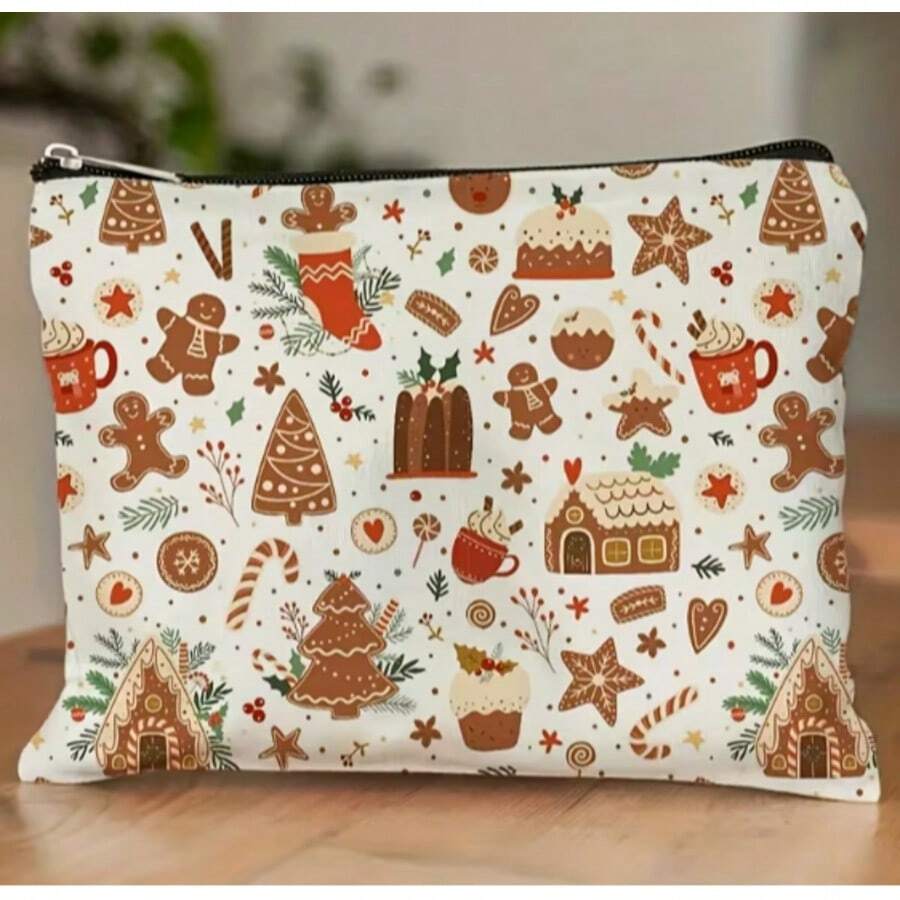 Women's Christmas Gingerbread Cookie Makeup Bag - Holiday Themed Makeup Bag, Baking Themed Design, Large Capacity Travel Storage Bag, Personal Daily Shopping Bag, Christmas Candy Themed Women's Gift, Gift For Friends, Holiday Gift - Multicolor - View 1