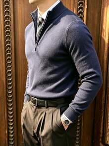 Old Money Style Men's Fashion Versatile Half-Zip Pullover Sweater - Navy Blue - View 2