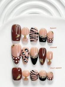 10pcs Luxury Handmade Press-On Nails, Polygel Nail Art Set, Leopard Print, Rhinestone, Black & Brown Nail Polish, Charming Style, Includes Nail Tools, 3 Sizes Available, Square, Short Square, Almond Shape, Suitable For Party, Dancing, Daily Wear (Handmade Details May Vary) - Multicolor - View 1