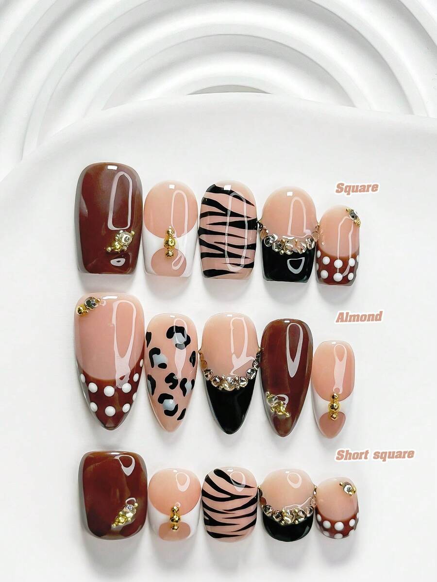 10pcs Luxury Handmade Press-On Nails, Polygel Nail Art Set, Leopard Print, Rhinestone, Black & Brown Nail Polish, Charming Style, Includes Nail Tools, 3 Sizes Available, Square, Short Square, Almond Shape, Suitable For Party, Dancing, Daily Wear (Handmade Details May Vary) - Multicolor - View 1