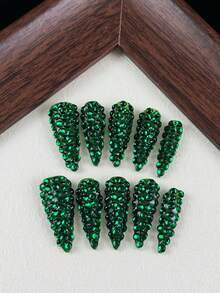 10pcs High-End Court Retro Style, Hand-Painted Three-Dimensional Green Rhinestones, Dazzling With Abundant Rhinestones Handmade Fake Nails - Green - View 2