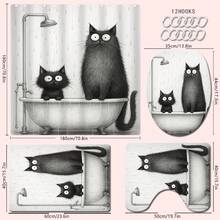 1 Set Cartoon Cat Pattern Shower Curtain, Waterproof Polyester Material, Modern Minimalist Style Home Decor Shower Curtain Set, Toilet Lid Cover, U-Shaped Mat, Anti-Slip Bath Mat, With 12 Hooks Back To School Bathroom Decor - Multicolor - View 9