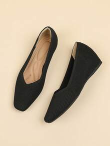 Women Square Toe Knitting Fabric Casual Invisible Height Increasing Platform Loafers, Suitable For Petite, Wear All Season - Black - View 2