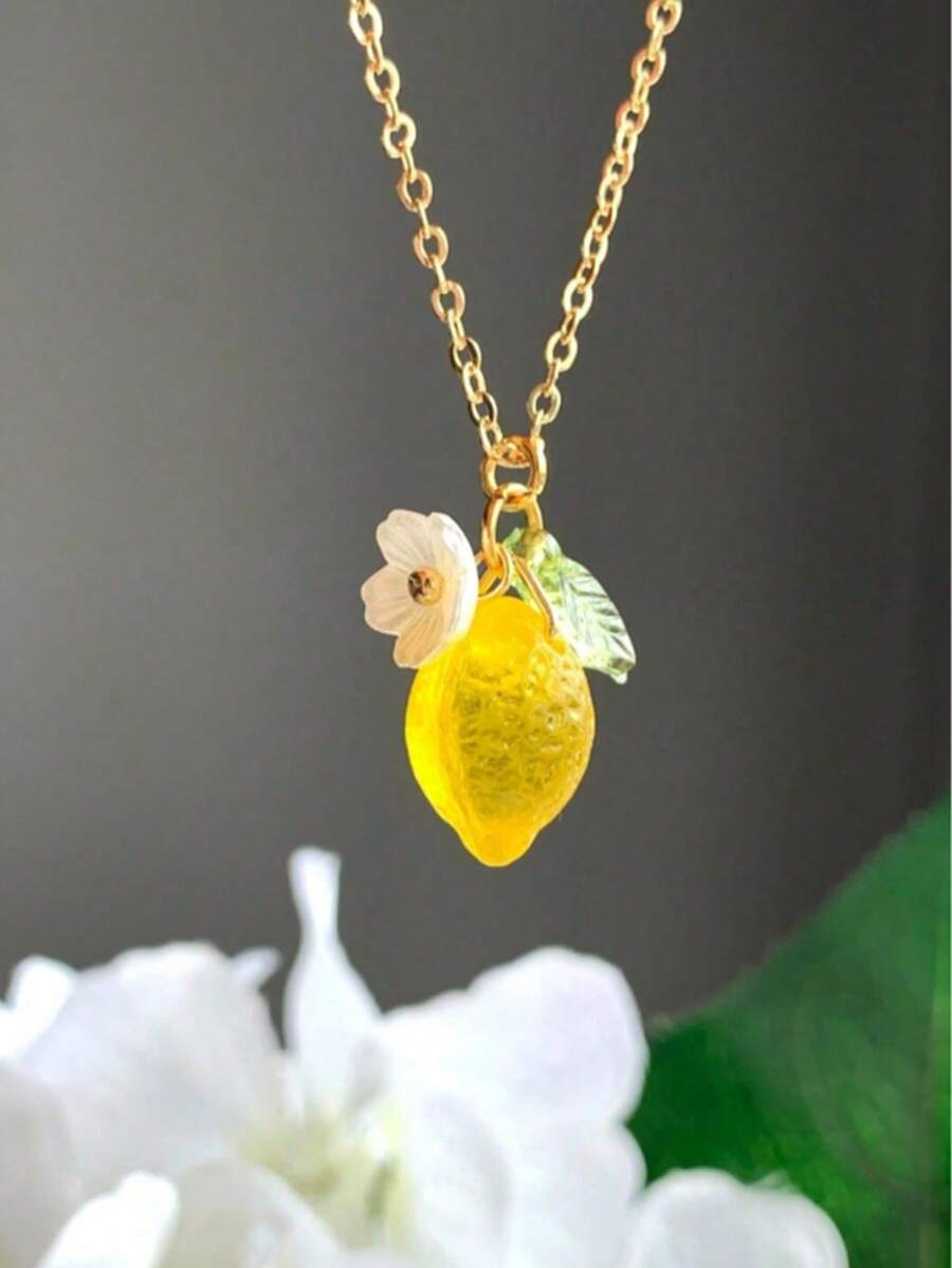 1pc Refreshing Cute Resin Lemon Flower Pendant Necklace, Sweet Jewelry Gift For Women's Daily Wear - 3 - View 1