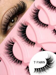 Asiteo 7 Pairs Black Soft Stem 3D Fluffy Cat Eye/Fox Eye False Eyelashes, Natural Makeup Look, Soft And Curly, Eyelash Extension Effect, Dramatic Strip Lashes, Natural Cat Eye, Natural Soft Fluffy Curly Dense Long Eyelashes - Black - View 1