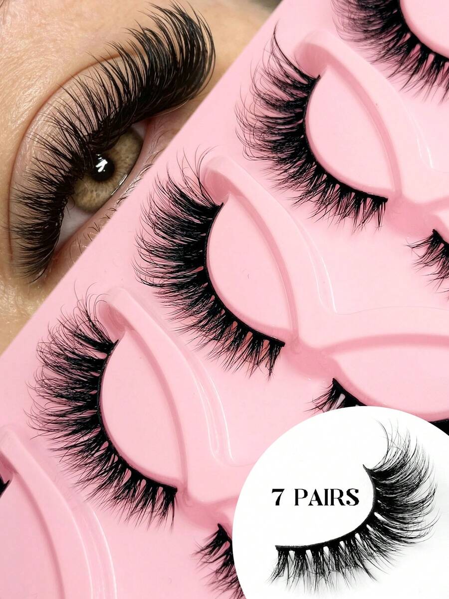 Asiteo 7 Pairs Black Soft Stem 3D Fluffy Cat Eye/Fox Eye False Eyelashes, Natural Makeup Look, Soft And Curly, Eyelash Extension Effect, Dramatic Strip Lashes, Natural Cat Eye, Natural Soft Fluffy Curly Dense Long Eyelashes - Black - View 1