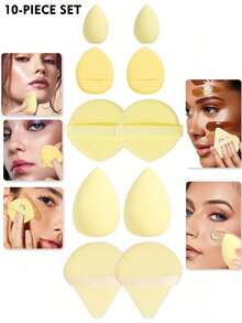 All-In-One Makeup Tool Set, Includes Soft Makeup Sponge, Mini Sponge, Triangle Powder Puff, Cushion Powder Puff And Mini Cushion Powder Puff, Suitable For Foundation, Concealer And Setting Powder, Dual-Use Dry And Wet Makeup Tools, Essential Makeup Accessories For Women's Daily Use - Yellow - View 2