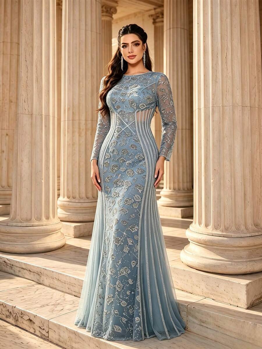 Plus Size Fall Winter Elegant Luxury Shiny Sequin Embroidered Fitted Mermaid Evening Dress, Long Sleeve Waist Cutout Striped Tulle For Party Festival - Blue - View 1