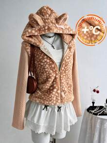 Lurzo Tween Girls Vintage Cute Deer Spotted Fleece Hooded Jacket, Zipper With Ear Arch Decoration, Warm For Autumn/Winter, Suitable For Daily Wear - Brown - View 1