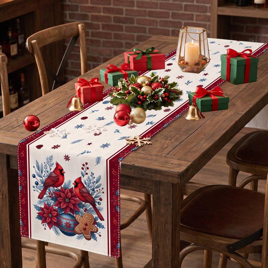 1pc Christmas Bird, Poinsettia, Snowflake, Gingerbread Man Print Table Runner, Suitable For Holiday, Party, Dinner, Restaurant Table Decoration, Home Autumn/Winter Christmas Decor - Multicolor - View 1