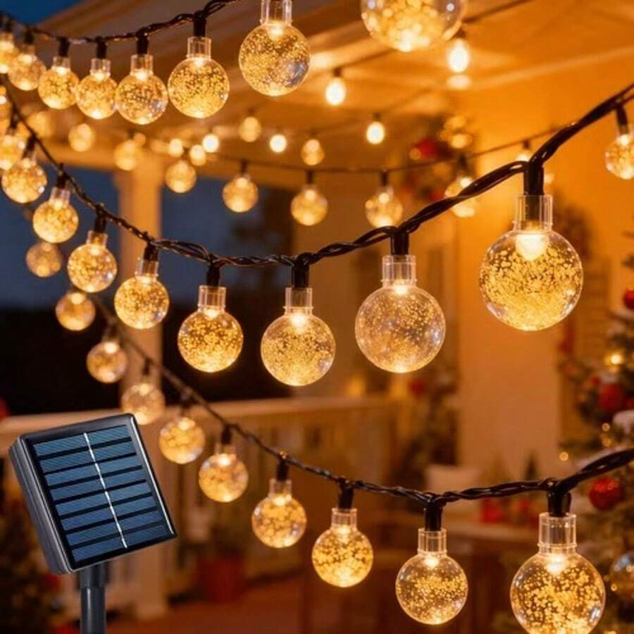 Solar Powered LED Crystal Ball String Lights, 8 Modes Function Button Control, 20/50/100 LED Crystal Balls Fairy Hanging Lights, Outdoor Decor Lamp For Yard Garden Porch Balcony Party Wedding Christmas Halloween Camping Holiday Celebration Decoration