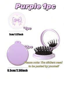 12/6/1pc Purple Lace Bow Print Sticker Style Mini Folding Air Cushion Mirror Comb, Portable Round Hair Brush With Massage Scalp Head, Ideal Party Favor Gift For Gender Reveal Party, Baby Shower Party, Guest Return Gift - Multicolor - View 10