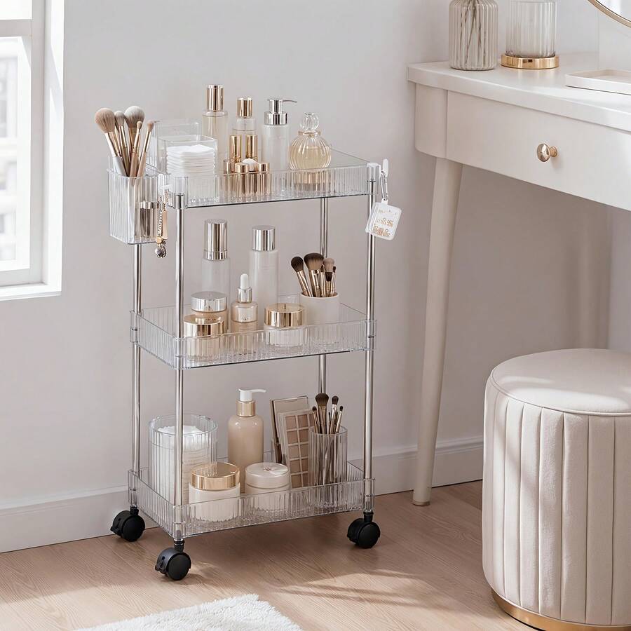 EZIFY 1Pc 3‑Tier Rolling Acrylic Utility Cart, Multi‑Layer Storage Rack With Detachable Hanging Boxes, 360° Silent Swivel Casters, Mobile Storage Unit, For Home/Bedroom/Bathroom/Office - 3-layer - 4 Small Hanging Baskets - View 1