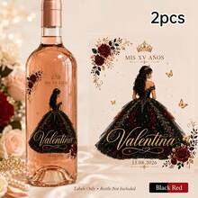 2/4/8pcs Customized Wine Bottle Label Stickers, Personalized Name & Date, Princess Dress Floral Butterfly Pattern, Sweet 15 15th Birthday Party Favor Table Decor - Multicolor - View 23
