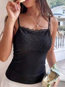 Áo hai dây camisole nữ viền ren, ôm sát, màu trơn, áo tank top mặc trong và mặc ngoài gợi cảm - màu đen - Xem 5