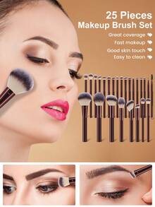 39 Pcs Total Makeup Tool Kit, Including 25 Pcs Wine Red Flat Long Handle Makeup Brushes, 1 Pc Wine Red Storage Bag And 13 Pcs Beauty Accessory Kit, Complete Brushes And Puffs With Large Capacity Bag For Travel Storage And Daily Makeup. - Multicolor - View 2
