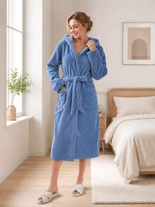 Coral Fleece Long Bathrobe For Women, Multi-Color Optional, With Hat Belt And Pocket, Fluffy, Soft And Warm, Unisex Bath Towel Bathrobe - Multicolor - View 1