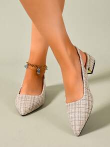 Sandal Wanita Gaya Prancis Vintage Baru Motif Kotak-kotak Ujung Lancip Slingback Hak Tebal Rendah Bagian Depan Rendah Tanpa Bagian Belakang untuk Perjalanan ke Kantor - Aprikot - View 4