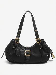 Women's Bohemian Style Shoulder Bag, Litchi Textured Faux Leather, Gold Buckle Rivet, Adjustable Strap, Medium Capacity, Vintage Y2K Style, Autumn/Winter Daily Commute Party - Black - View 3