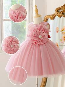 Gaun Malam Elegan Model Putri dengan Kerah Bulat dan Bordir Bunga 3D dari Jala untuk Anak Perempuan, Cocok untuk Pesta Ulang Tahun, Bando Tidak Termasuk - Dusty Pink - View 7
