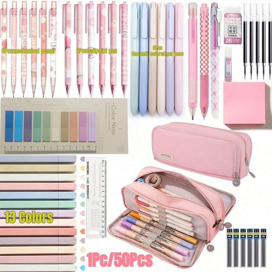 1Pc/50pcs Luxury Stationery Set, Student Aesthetic Stationery Combination, Includes Large Capacity Pencil Case, Morandi Color Neutral Pens, Mechanical Pencils, 13-Color Highlighter Pens, Sticky Notes, Multi-Functional Office And Study Supplies, Essential Gift For New Year/Christmas/Back To School - Multicolor - View 1