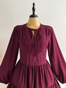 Rusttydustty Women's Red Vintage Bohemian Doll Dress, Lace Patchwork Design, Lantern Long Sleeves, Suitable For Daily Autumn Outings, Suitable For Halloween - Burgundy - View 8