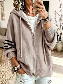 Women's Knit Full Zip Hooded Cardigan, With Drawstring And Ribbed Details, Perfect Silhouette Piece For Autumn/Winter - Apricot - View 2