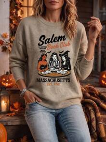 Áo len nữ phong cách vintage mài rách bằng len với họa tiết đồ họa đầu lâu phù thủy retro Salem Book Club, hoàn hảo cho mùa thu/đông - Lạc đà - Xem 2