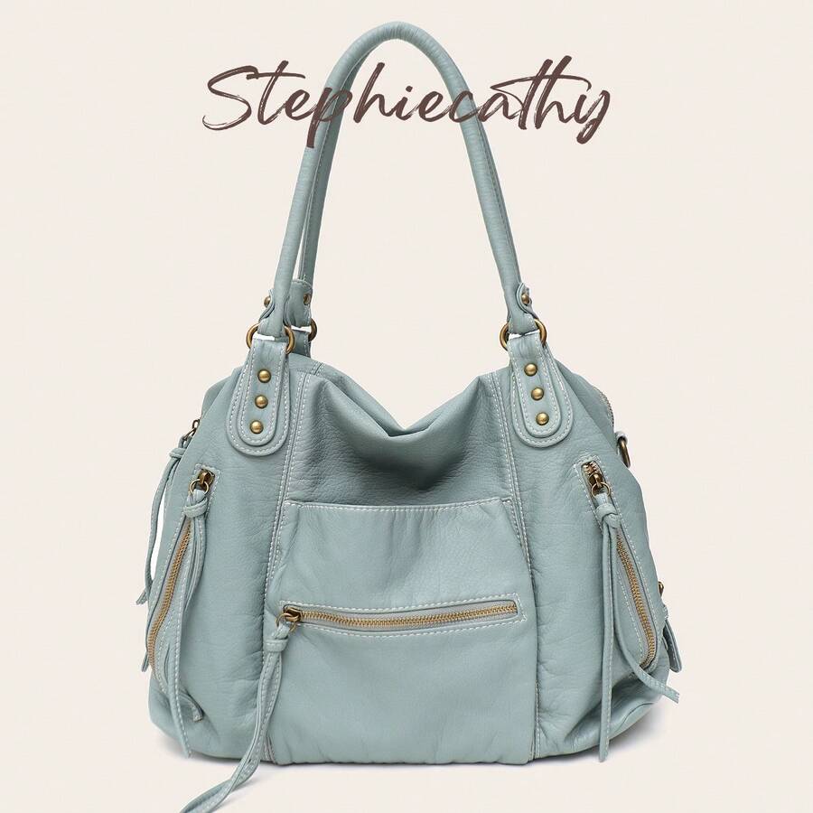 STEPHIECATHY Street Style Women's Brushed Color Washed PU Faux Leather Crossbody Shoulder Tote Bag, Large Multi-Pocket Practical Casual Handbag For Daily Commute, Travel And Campus - Dusty Blue - View 1