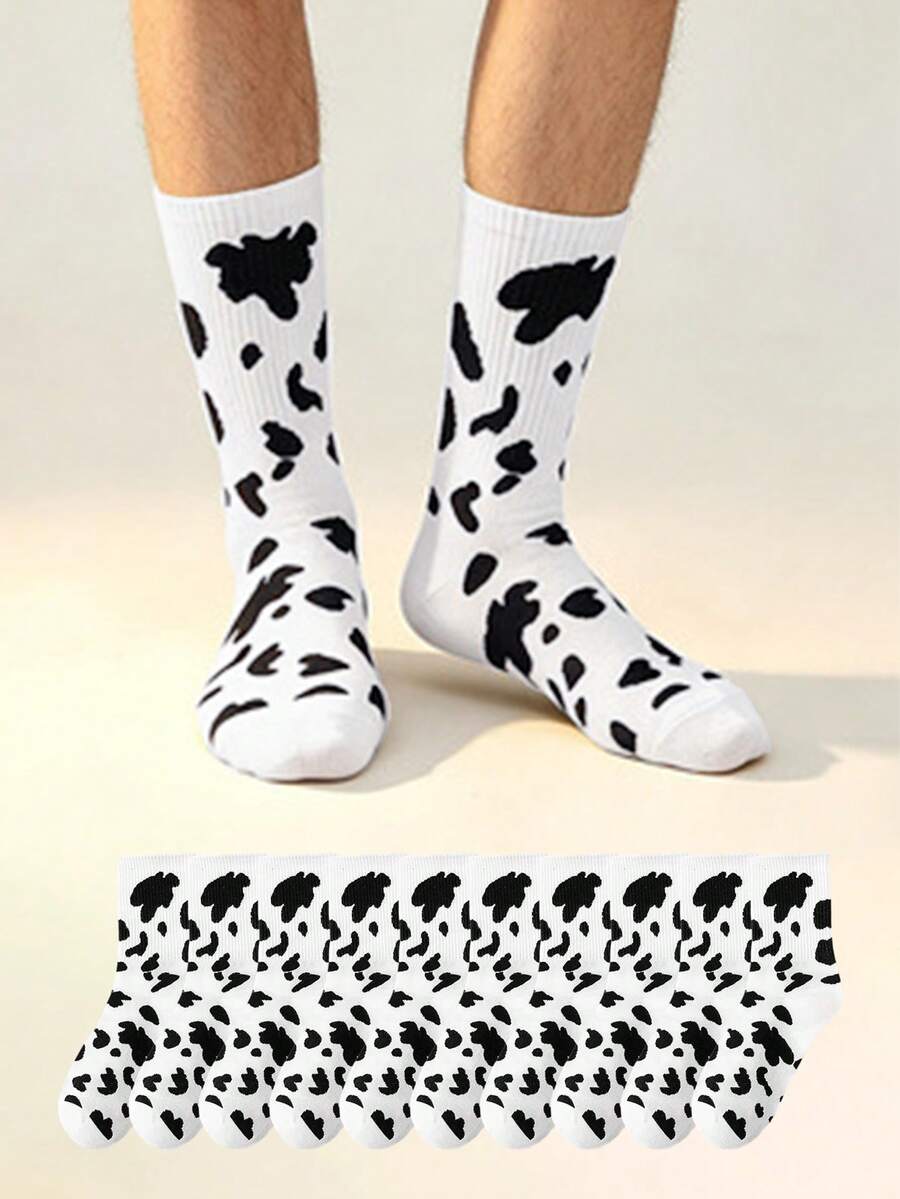 5 Pairs Men's Cow‑Print Mid‑Calf Socks, Black‑And‑White Cow Spotted, Soft And Breathable, Suitable For Daily Casual Outfits, Individual Socks - Multicolor - View 1